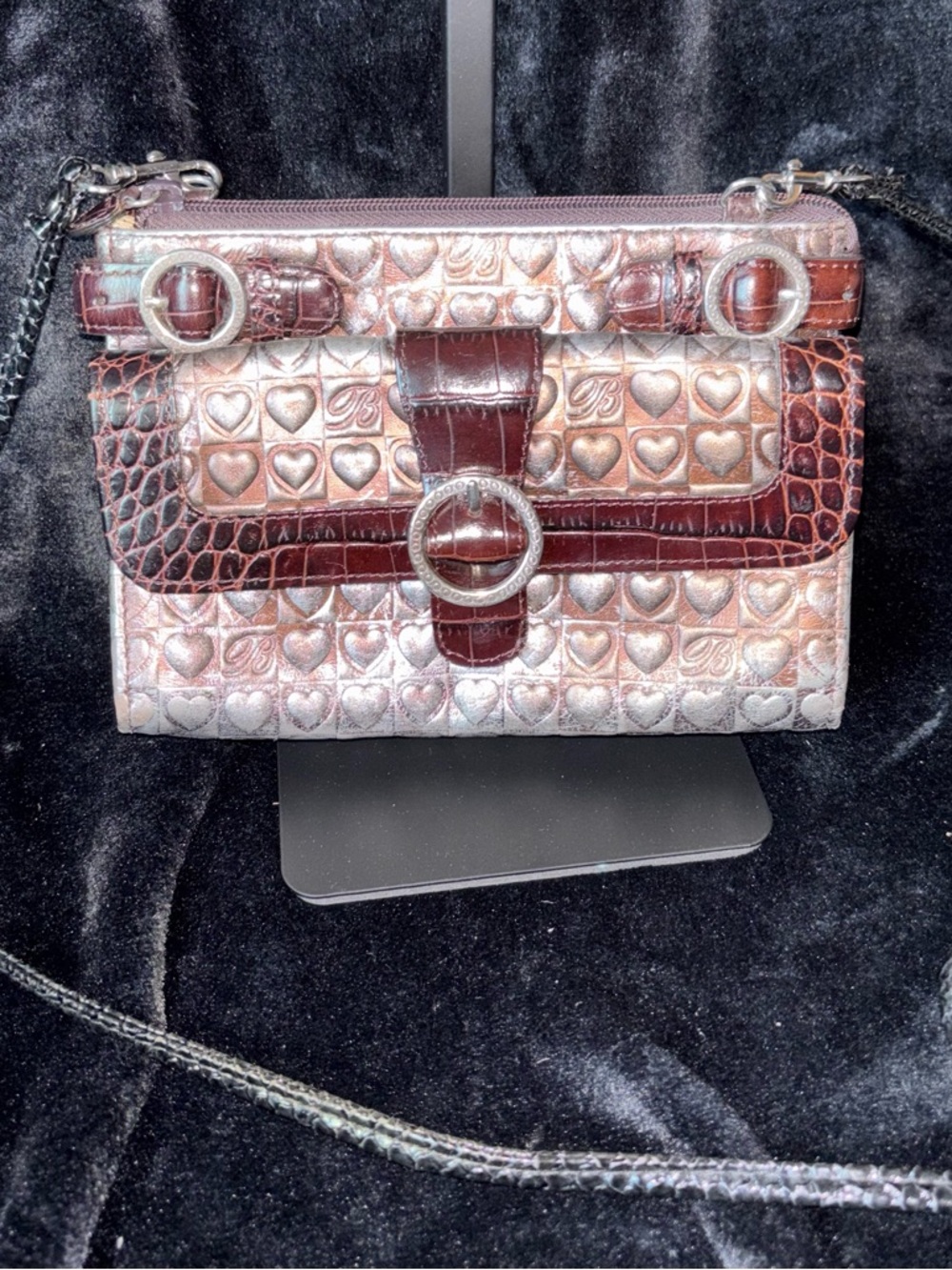 Vintage Brighton Heart Brown Genuine Leather Croc Embossed Wallet Org Crossbody